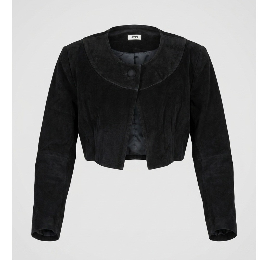 Vintage 90s Womens Black Suede Cropped Bolero Jacket Quiet Luxury Size M